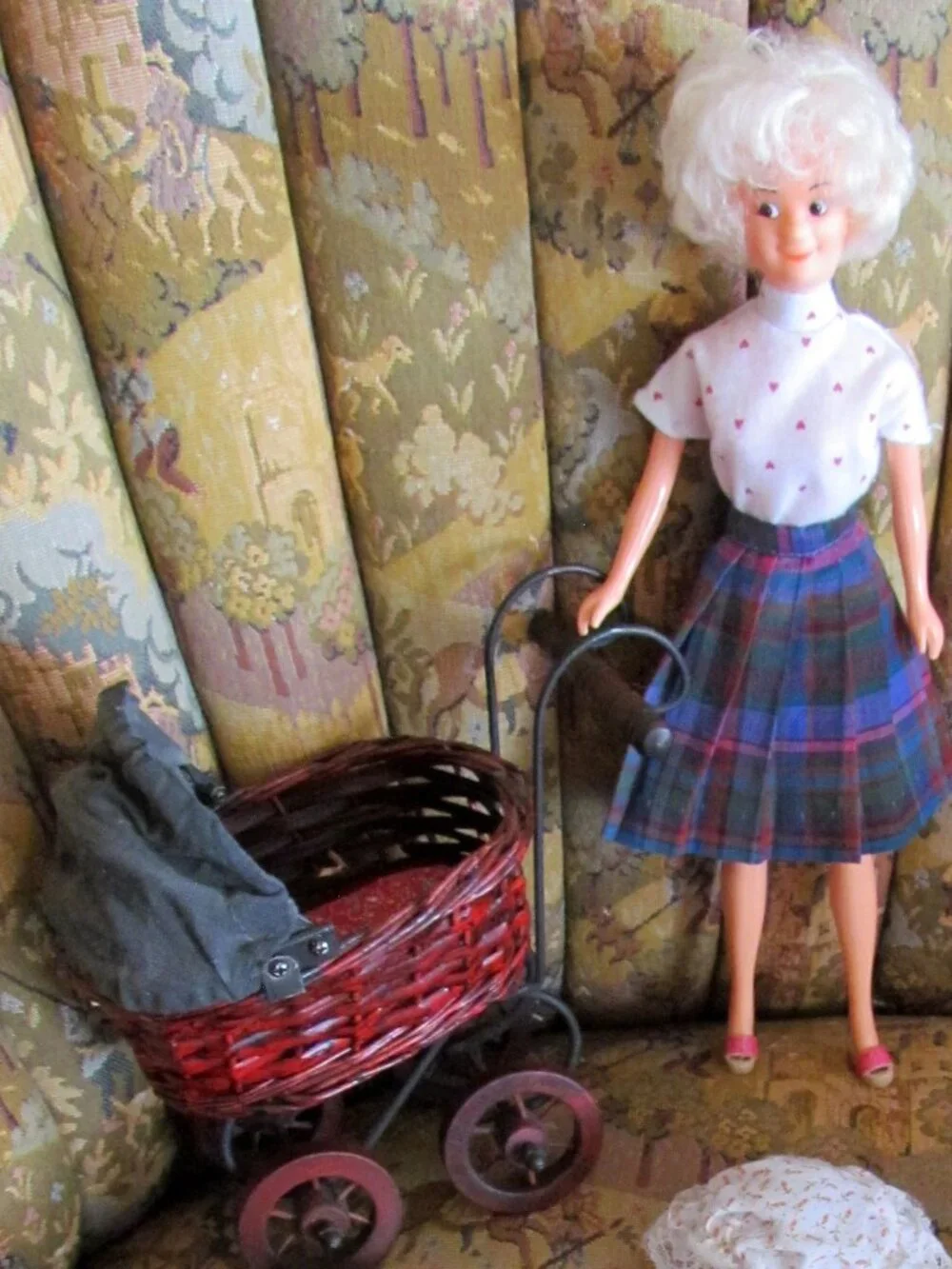 GRANDMA DOLL, BABY, VINTAGE BUGGY, CLOTHES, WOVEN BABY BASKET, BARBIE SIZE GRAM